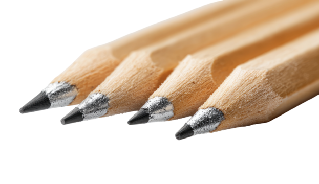 Close-up of four wooden pencils, sharpened points visible