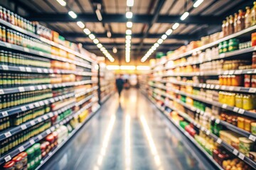 shopping cart in supermarket. abstract blurred in supermarket and commodity product