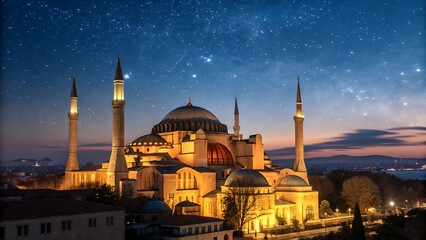 Fototapeta premium Hagia Sophia illuminated at night under a starry sky Keywords: Hagia Sophia, Istanbul, Turkey, mosque