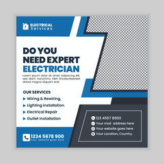 Electrical and Electrician Services Social Media Post and Web Square Banner Flyer Template for Wiring, Lighting, Power Installation, Circuit Repair, and Maintenance Work