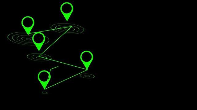 Glowing neon line location icon animated on a black background.
