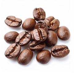 Obraz premium A small pile of roasted coffee beans sits on a white background, their rich brown color and visible crevices creating a visually appealing composition