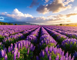 A vibrant field of blooming purple lupines stretches into the distance under a blue sky with soft, illuminated clouds.