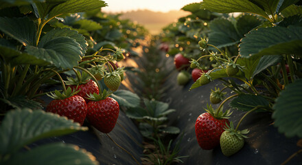 Rows of strawberry plants with ripe and unripe berries in a field at sunset, displaying a close-up view of the fruit and foliage.