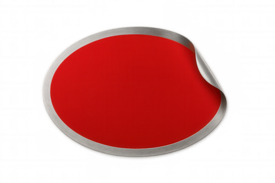 Silver-edged red oval label peeling from clear surface, revealing blank space for personalized graphic or messaging - Powered by Adobe