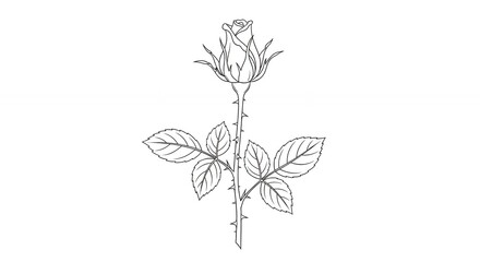 Detailed Black and White Rose Bud Line Drawing with Thorny Stem and Leaves on White Background