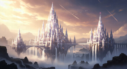 Fototapeta premium A panoramic fantasy landscape of a magnificent crystal city with bridges and waterfalls at sunset
