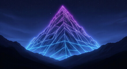 A retro 80s synthwave landscape with a glowing wireframe neon mountain under a starry sky