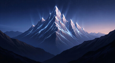A fantasy mountain range with glowing energy lines under a starry night sky