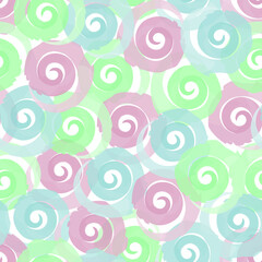 Raster illustration. Colorful brush stroke spirals on white background seamless pattern