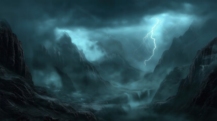Dramatic Lightning Mountain Landscape for Poster Design, Game Backgrounds, and Desktop Wallpapers