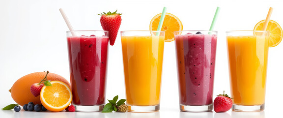 Fototapeta premium Vibrant fruit smoothies in tall glasses, garnished with citrus slices, surrounded by fresh berries, radiate summer health and refreshment. AI generated. 