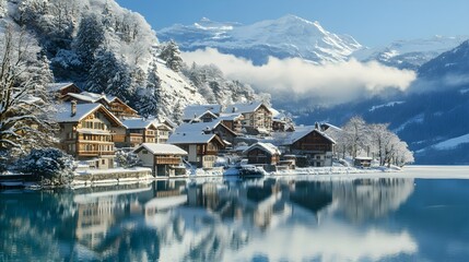 Fototapeta premium Snowy Alpine Village Reflected in Lake winter mountains