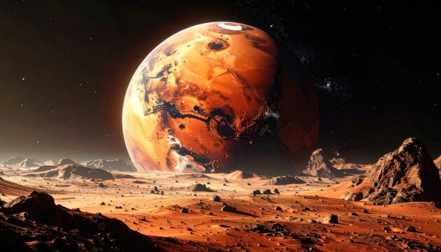 A desolate, rocky Martian landscape stretches before a large Mars planet view, speckled with stars against a dark sky