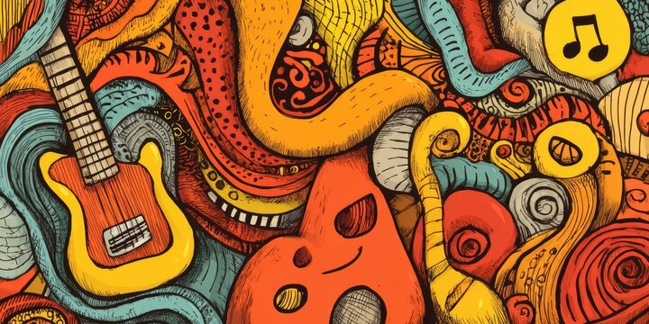 A vibrant, colorful illustration showcases a musical instrument amidst an elaborate, ornate design.  Intricate details and a variety of colors create a dynamic and engaging visual tapestry.
