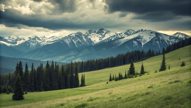 Majestic snow-capped mountains and green valley with dramatic clouds Keywords: mountains, snow, peaks - Powered by Adobe
