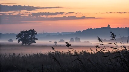 Obraz premium Misty Meadow at Sunrise with Silhouetted Trees and Reeds dawn