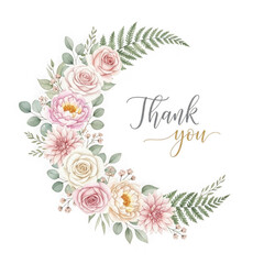 Obraz premium Elegant floral crescent thank you card with delicate roses and ferns transparent background