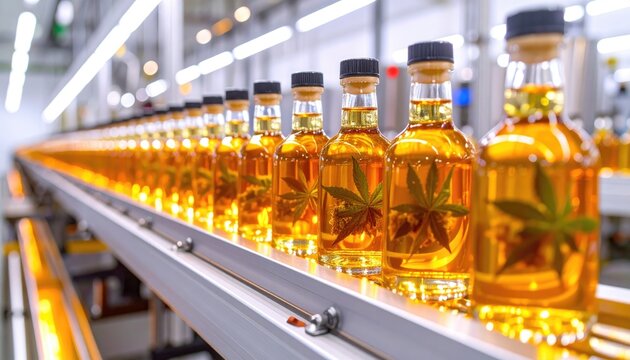 Bottles filled with golden liquid, each containing a plant, are arranged on a conveyor belt in a bright, modern factory setting
