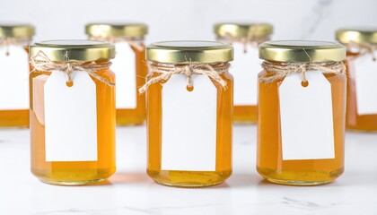 A group of clear glass jars filled with golden liquid sit on a white marble surface. Each has a blank white tag hanging from twine