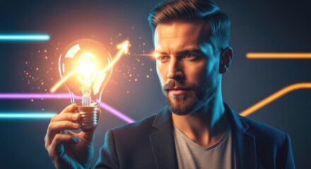 A man holding a light bulb with an arrow pointing upwards, symbolizing innovation and business growth with a bright future