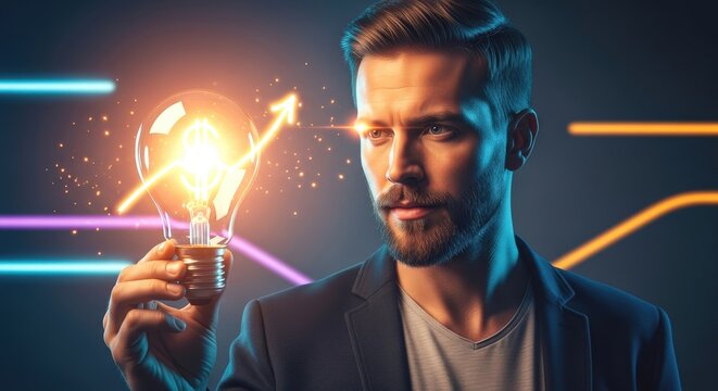 A man holding a light bulb with an arrow pointing upwards, symbolizing innovation and business growth with a bright future