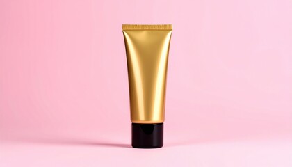 A gold, squeezable tube with a black cap sits against a gradient pink background. Clean, minimalist and focused on the tube
