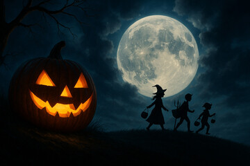 Fototapeta premium AI generated spooky Halloween night with glowing jack o lantern giant full moon children in costumes trick or treat under dark sky creating fun mysterious fantasy