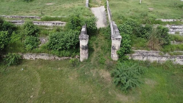 Drone Flying Over Queen Mango Pond with Prominent Columns Built in 15th Century for Royal Water Conservation in Pakistan