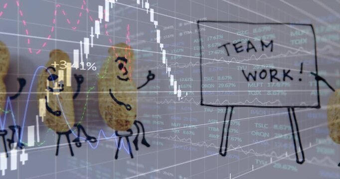 Animation of data processing over teamwork text and peanuts