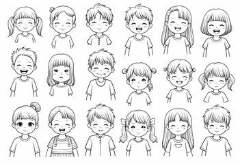 A charming and diverse collection of black and white cartoon character portraits of kids with various expressions, perfect for a fun and creative coloring page.
