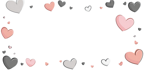 Hearts in pastel shades of pink, gray, and white,  form a border on a black background