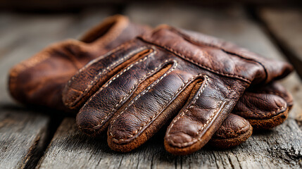 Old Leather Gloves Resting on a Rustic Wooden Surface in Soft Lighting Create an Atmosphere of Nostalgia and Craftsmanship