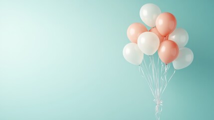 Bunch of white and coral balloons floating against a simple light blue backdrop