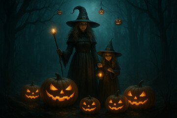 Fototapeta premium AI generated dark gothic fantasy halloween scene with two witches standing among glowing jack o lanterns in a foggy haunted forest filled with mystery magic and eerie atmosphere