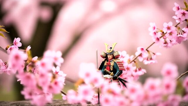A detailed figurine of a samurai in traditional armor stands amidst a profusion of pink cherry blossoms.