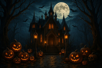 AI generated spooky Halloween gothic fantasy scene with haunted house glowing pumpkins lanterns bats full moon and eerie trees creating mysterious dark and enchanting festive atmosphere