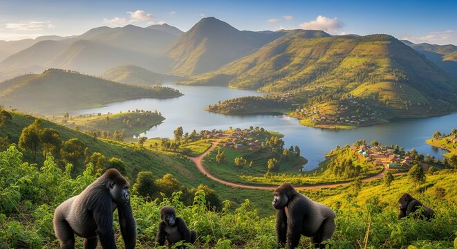 Wild Gorilla Family in Lush Green Hills Overlooking Serene Blue Lake and Mountain Landscape