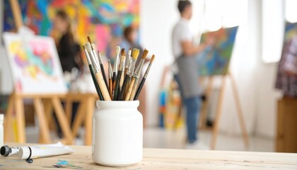 Focus on paintbrushes in a white pot with blurred painters working in a bright studio. A colorful canvas and paint tubes add depth