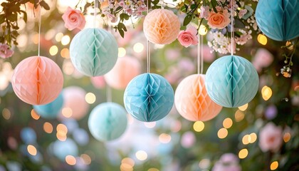 Soft, pastel-colored honeycomb paper balls hanging amidst delicate pink and white flowers, creating a dreamy, bokeh-filled backdrop