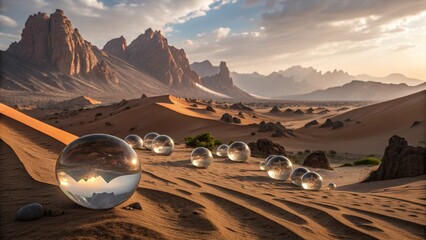 A panoramic view of a scenic mountain landscape with snow-capped peaks and a vibrant sky at sunrise