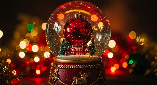A closeup of a beautiful christmas snow globe with a red ornament and miniature trees inside