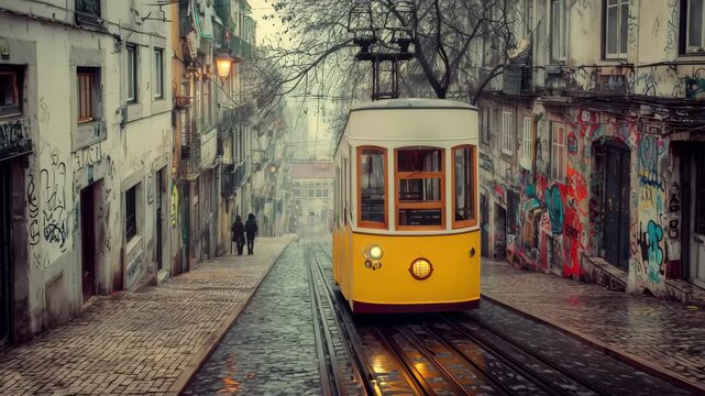 Lisbon Tram Ascending Hill Graffiti Buildings Rainy Day, 4k video footage