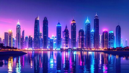 Obraz premium A vibrant skyline view at night. City buildings reflect in a body of water, illuminated with neon lights against a purple and blue sky