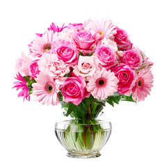 Fototapeta premium Elegant floral arrangement of pink roses and gerbera daisies against black backdrop