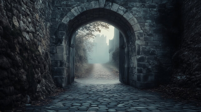 Stone archway leading to a foggy path with castle in the distance view