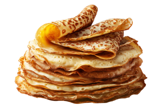 Sago Pancakes thin crepes or stack of pancakes topped with powdered sugar, isolated on white transparent background, Papua New Guinea breakfast