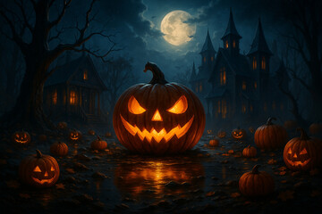 AI generated gothic Halloween night scene with giant glowing jack o lantern haunted house full moon twisted trees scattered pumpkins and eerie spooky atmosphere of mystery and horror