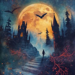 halloween night scene with castle