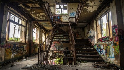 Crumbling, aged interior with broken windows and a rusted staircase. Graffiti covers peeling walls, hinting at a forgotten and decaying history